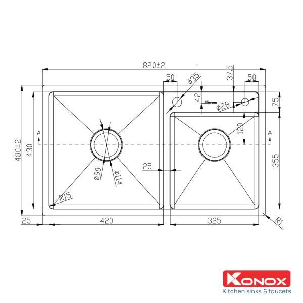 kích thước chậu rửa bát konox